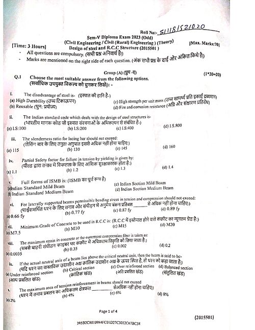 Preview of Design of steel and R.C.C Structure 2023(odd) - Civil Engineering